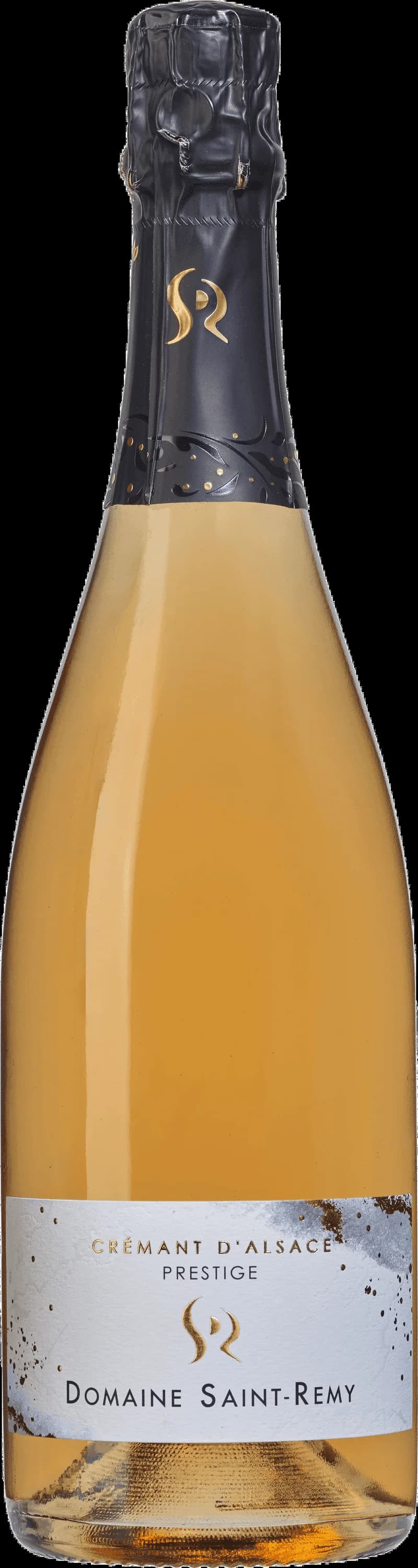 Flaska av Domaine Saint-Rémy Prestige mousserande vin mot ljus bakgrund.