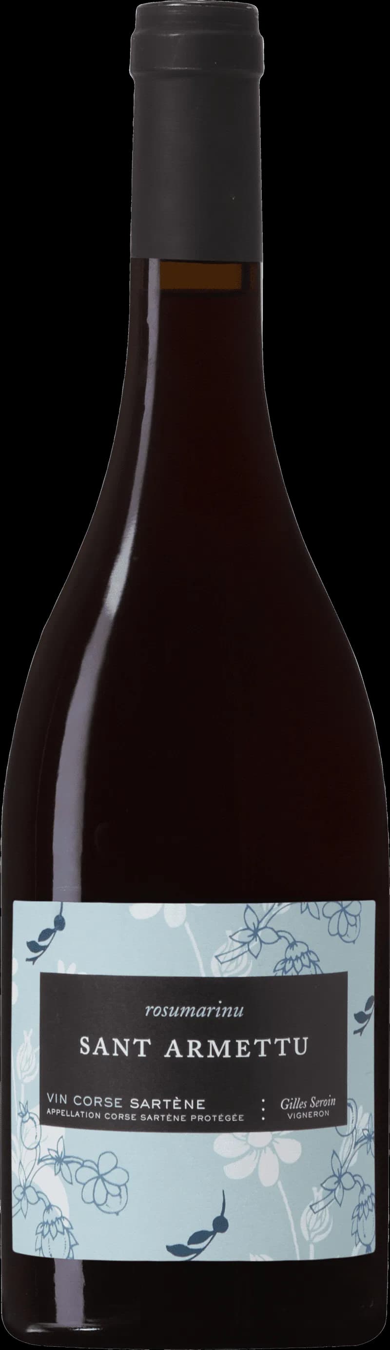 Flaska av Domaine Sant'Armettu rött vin mot neutral bakgrund.