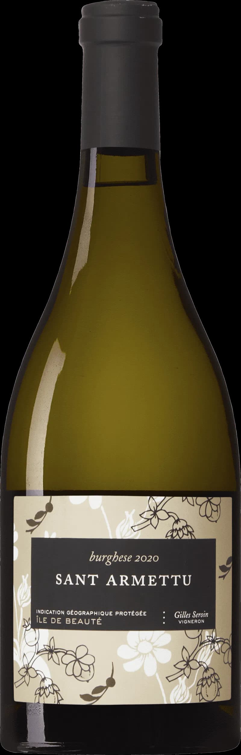 Flaska av Domaine Sant Armettu vitt vin mot neutral bakgrund.