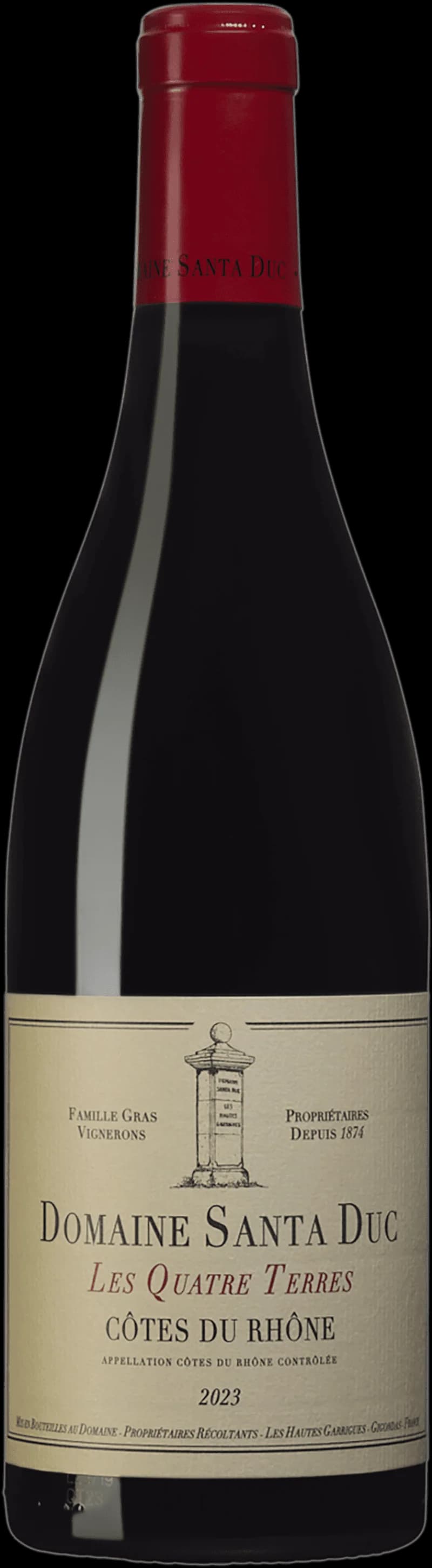 Flaska av Domaine Santa Duc rött vin mot mörk bakgrund.