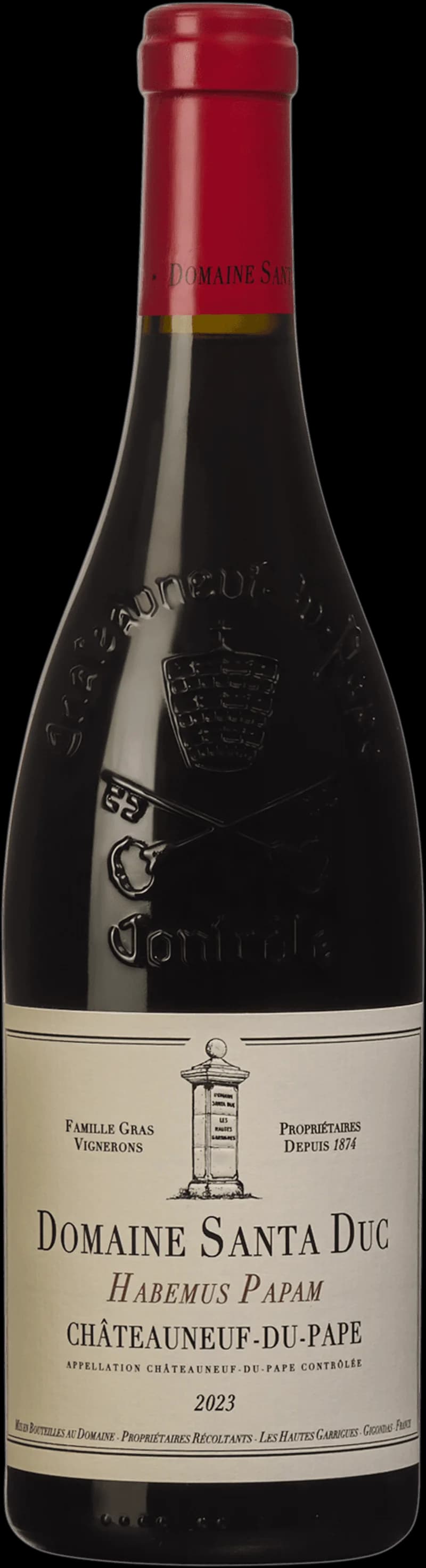 Flaska av Domaine Santa Duc rött vin mot mörk bakgrund