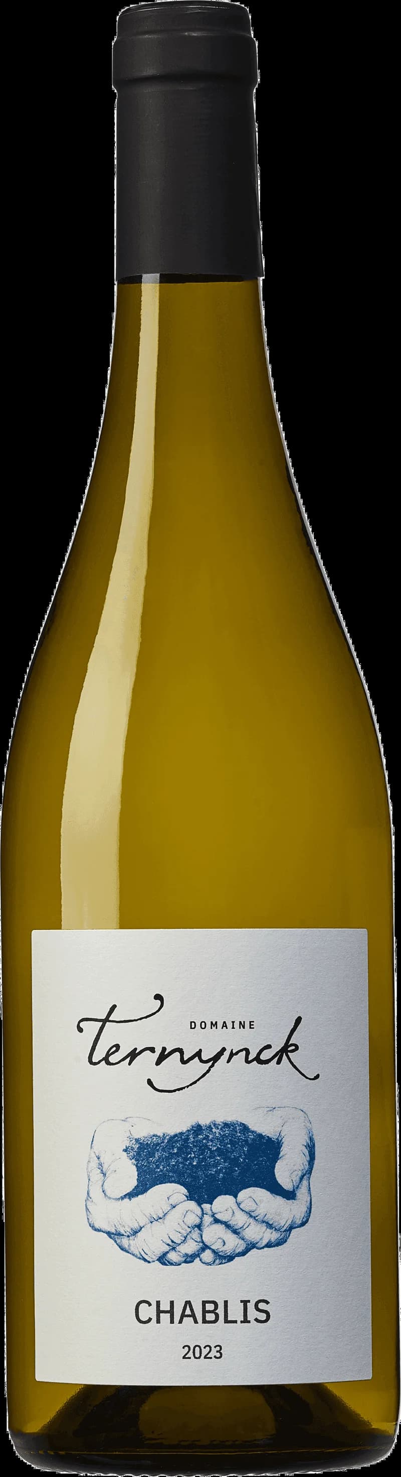 Flaska av Domaine Ternyncks vita vin mot neutral bakgrund.