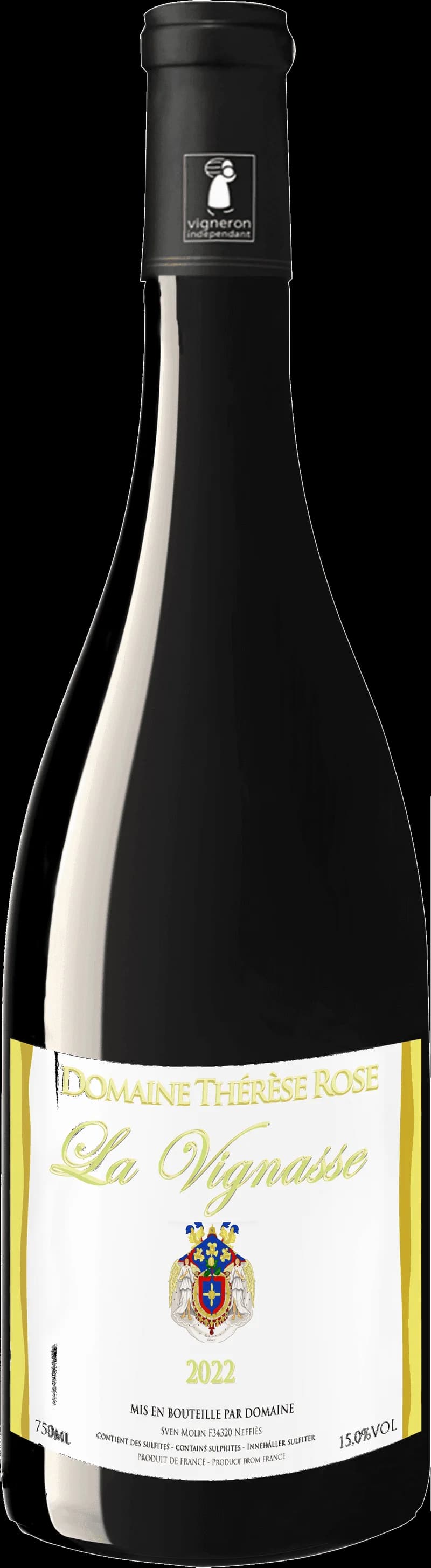Flaska av Domaine Therse rosé rött vin mot neutral bakgrund.