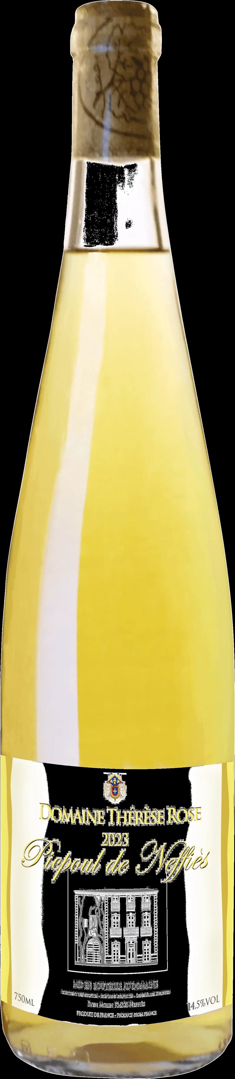 Flaska av Domaine Therse rosé vitt vin mot en ljus bakgrund.