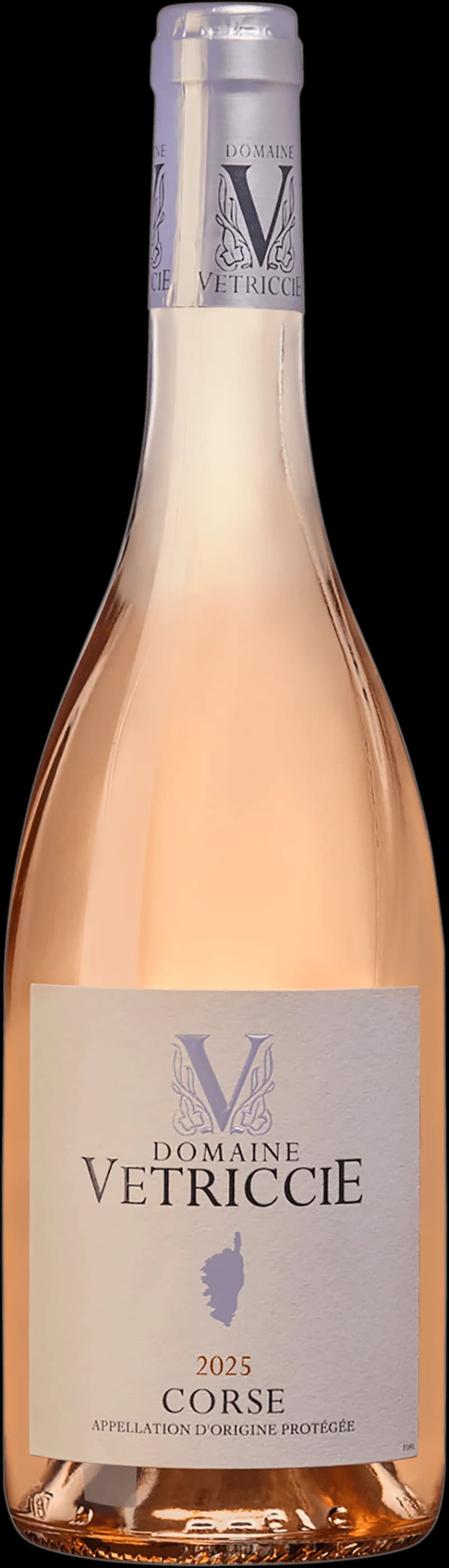 Domaine Vetriccie rosévin, en flaska med etikett mot en ljus bakgrund.