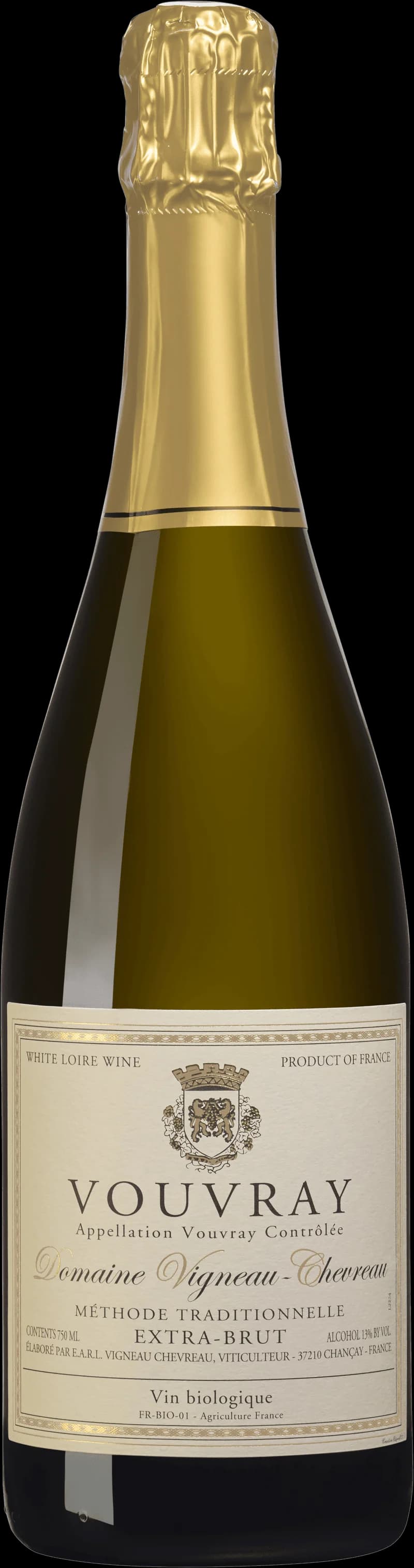 Flaska av mousserande vin från Domaine Vigneau-Chevreau