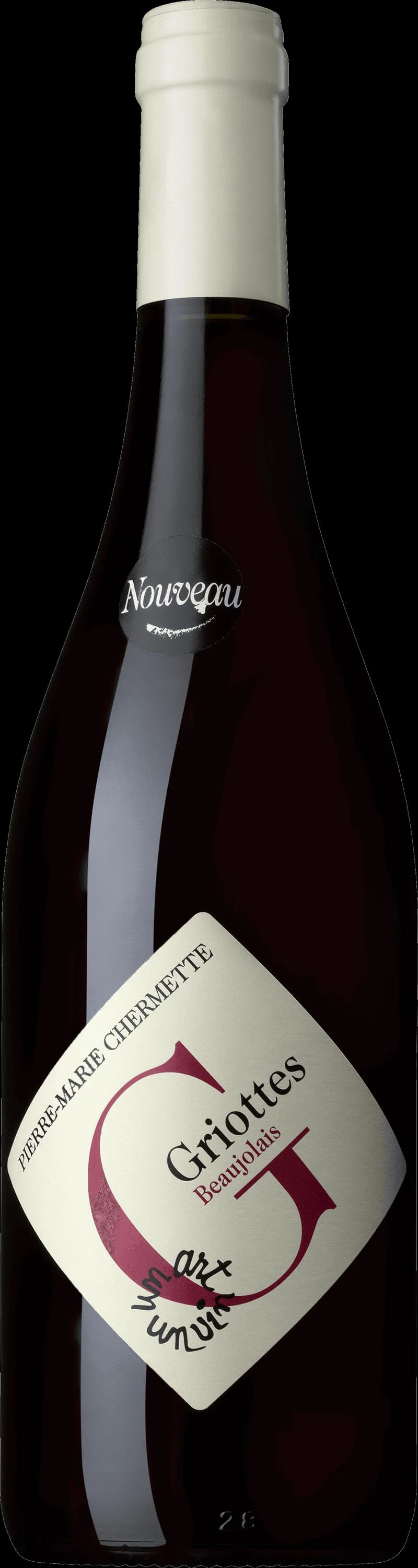 Flaska av Domaine Pierre-Marie Chermette Rott vin mot neutral bakgrund.