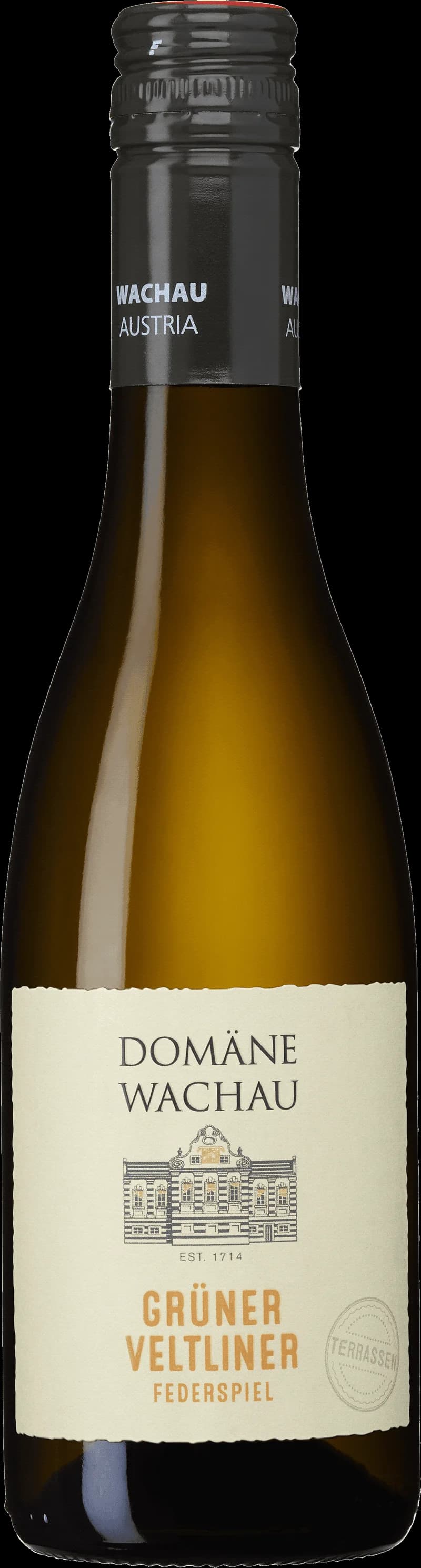 Flaska av vitt vin från Domäne Wachau, ett österrikiskt vin från Wachau-regionen.