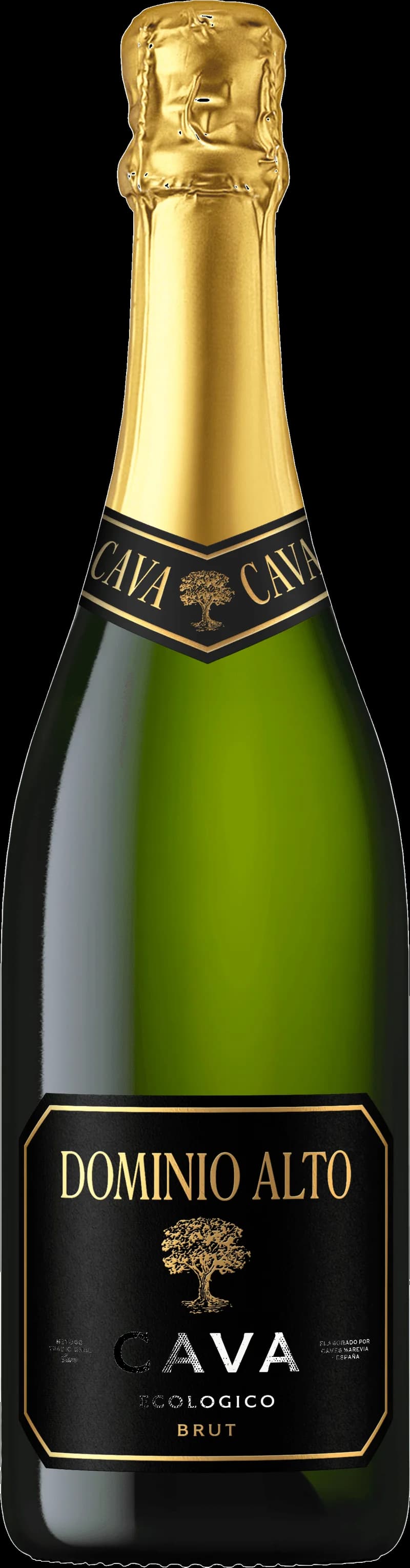 Flaska med Dominio Alto mousserande vin mot en mörk bakgrund.
