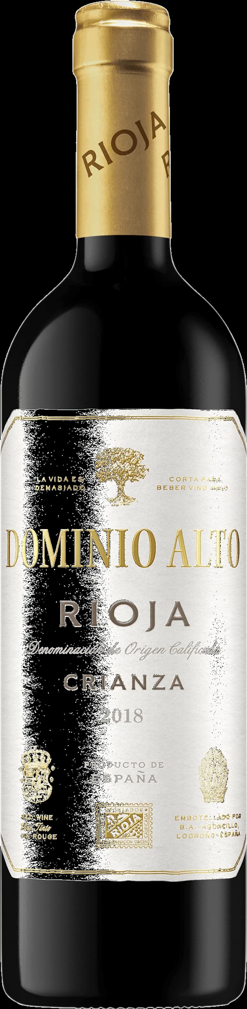 Flaska av Domino Alto rött vin mot en mörk bakgrund.