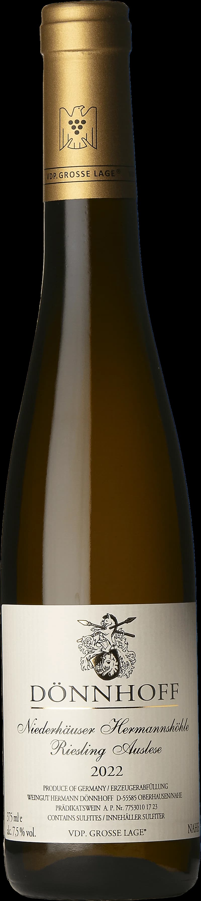 Flaska av Donnhoff Niederhäuser Hermannshöhle vitt vin mot neutral bakgrund.