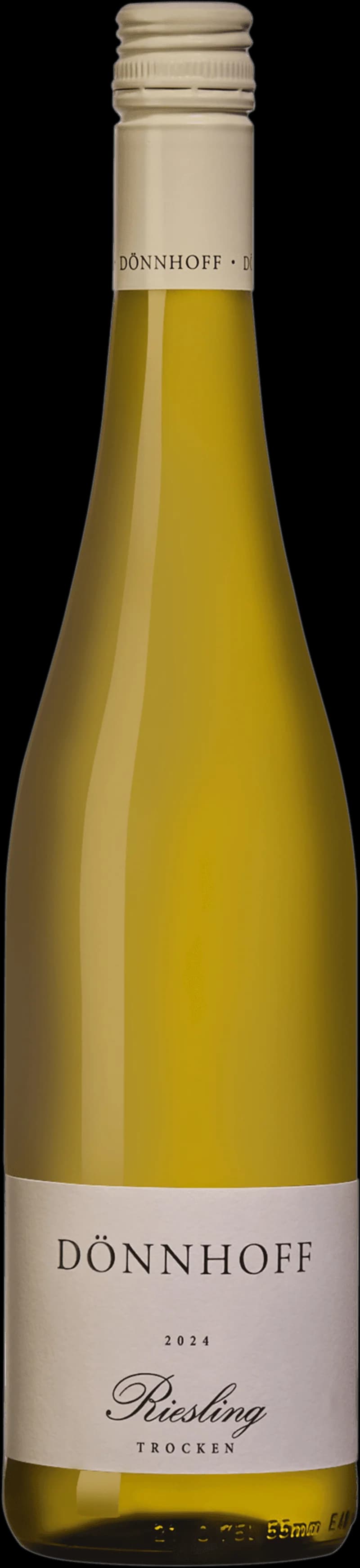 Flaska av Donnhoffs vita vin på en ljus bakgrund.