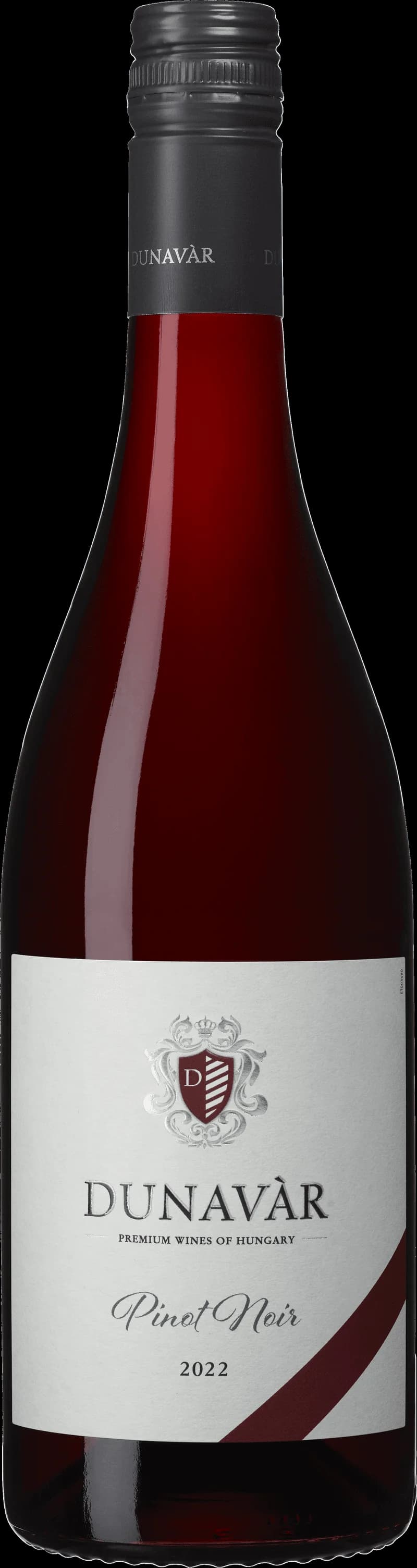 Flaska av Dunavár Pinot Noir rött vin mot neutral bakgrund.