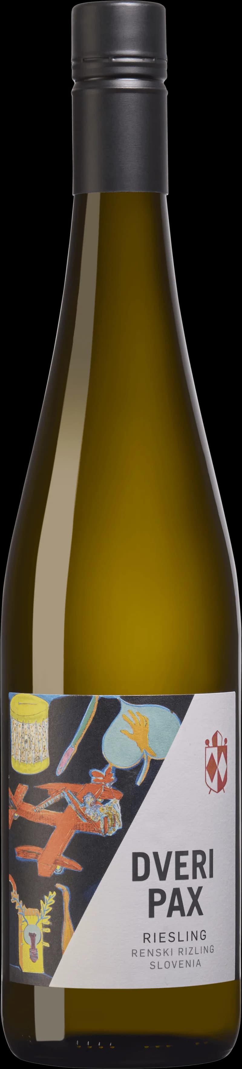 Flaska Dveri-Pax vitt vin mot ljus bakgrund