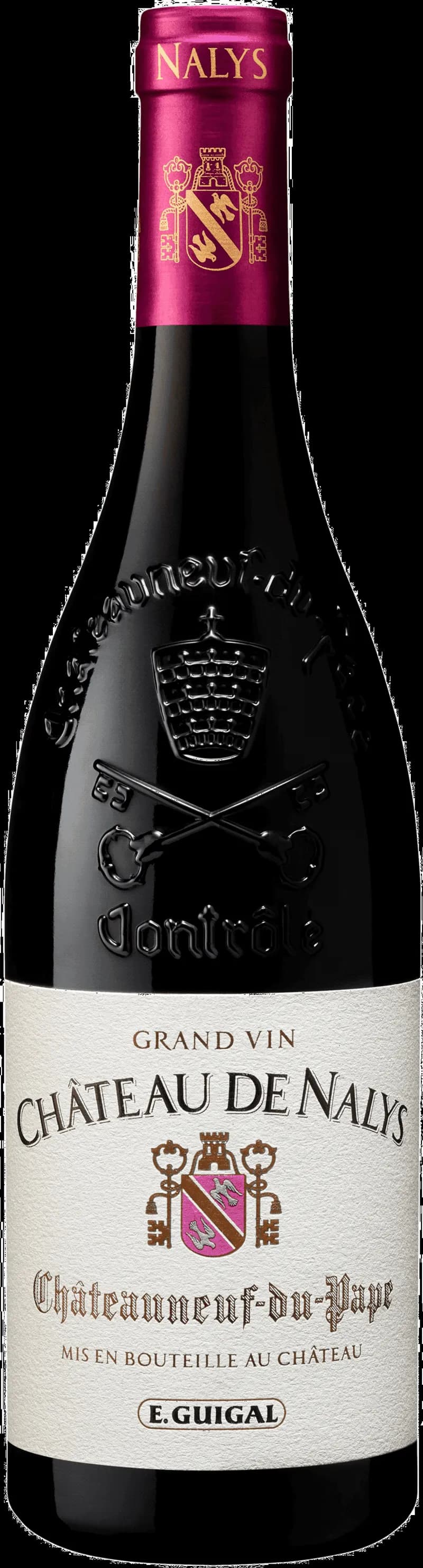 Flaska av E. Guigal Château de Nalys Grand Vin rött vin från Rhône-dalen.