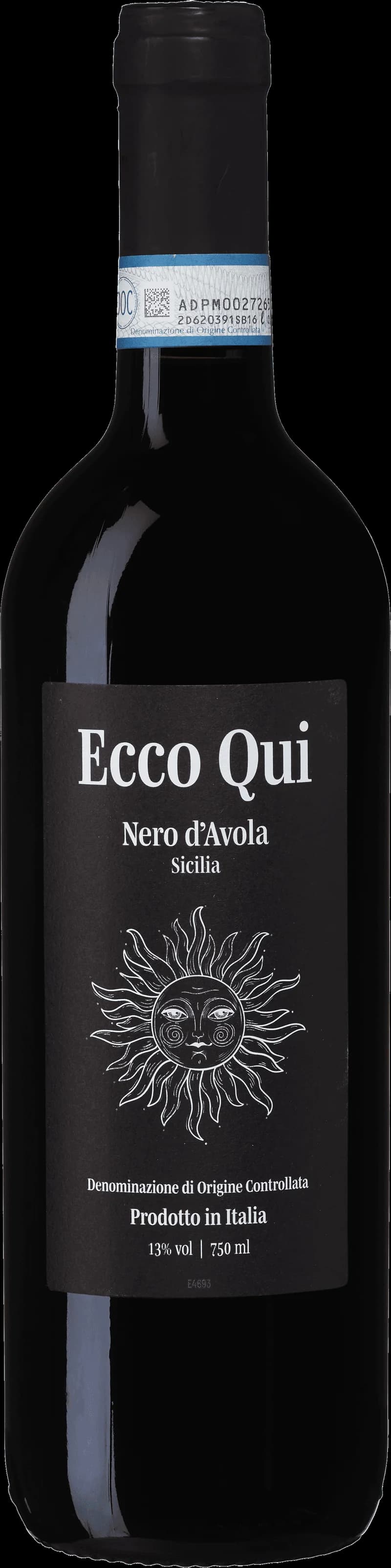 Flaska med Ecco Qui rött vin på en bordsservering