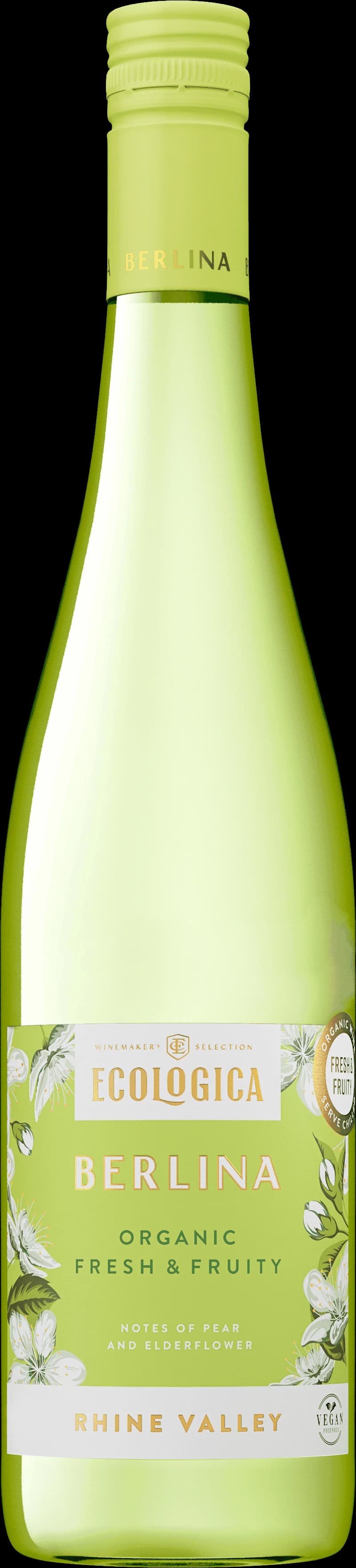Flaska av ekologiskt vitt vin Ecologica Berlina på vit bakgrund.