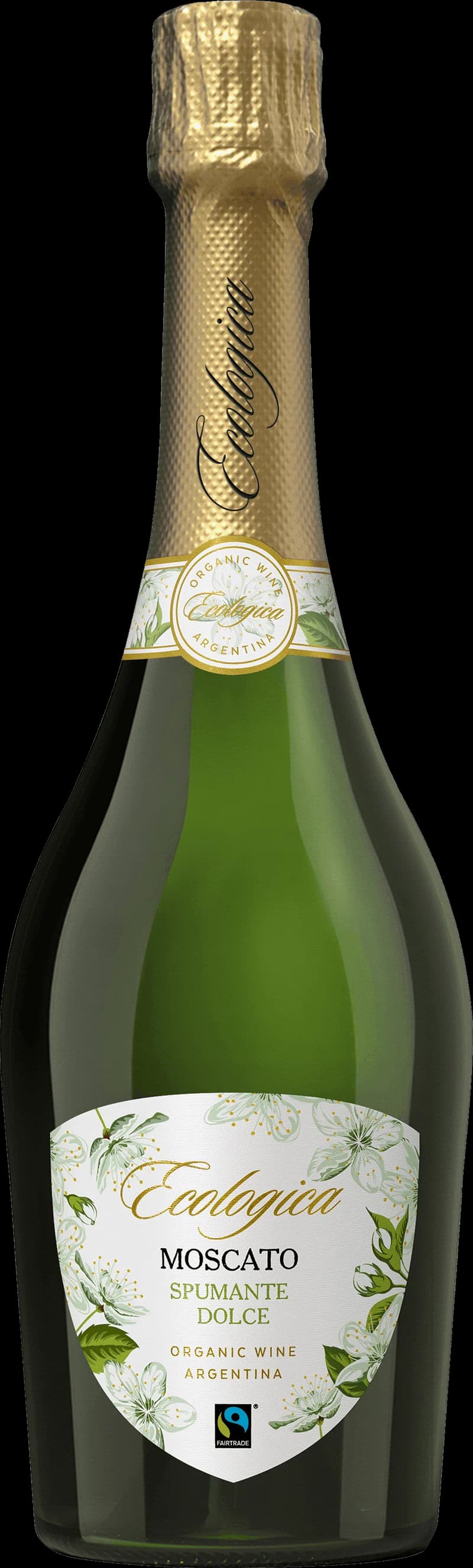 Flaska med Ecologica mousserande vin mot ljus bakgrund