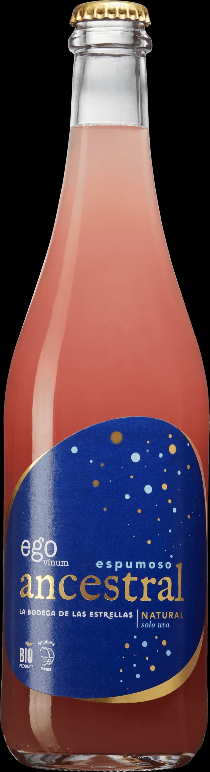 Flaska av Ego Vinum Espumoso Ancestral rosévin mot ljus bakgrund.