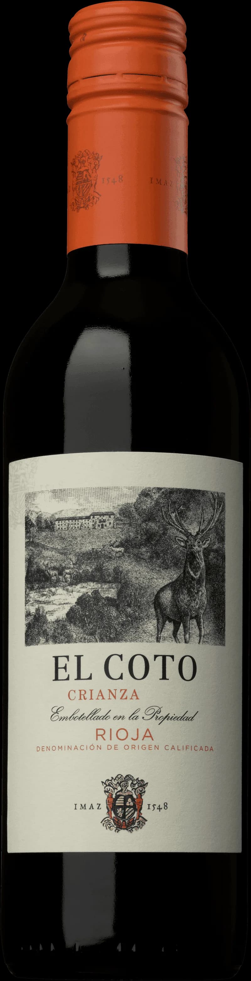 Flaska av El Coto rött vin mot en neutral bakgrund.