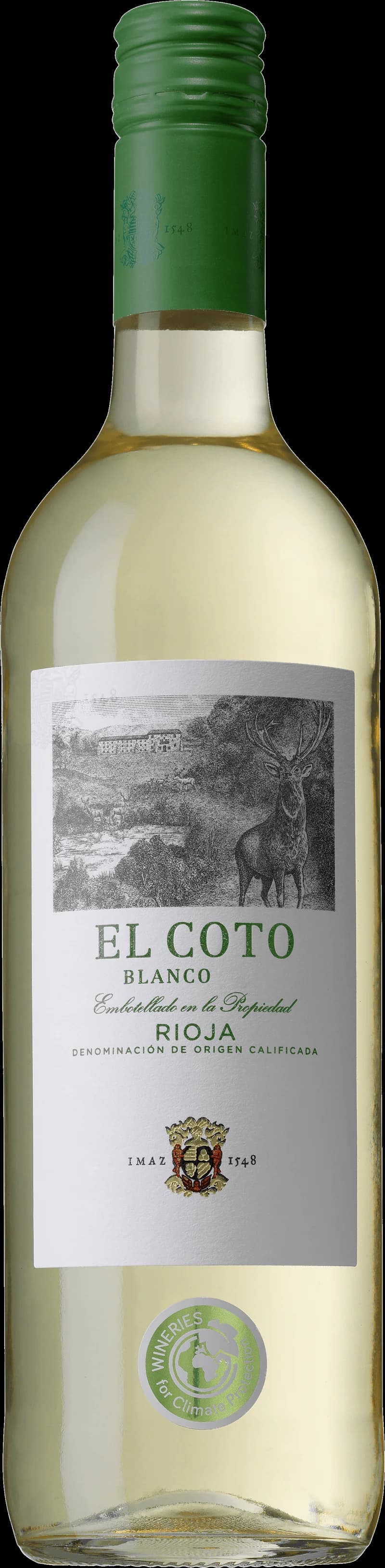Flaska av El Coto vitt vin mot en neutral bakgrund.