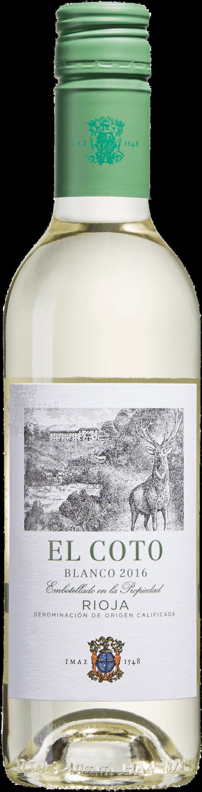 Flaska av El Coto vitt vin mot ljus bakgrund