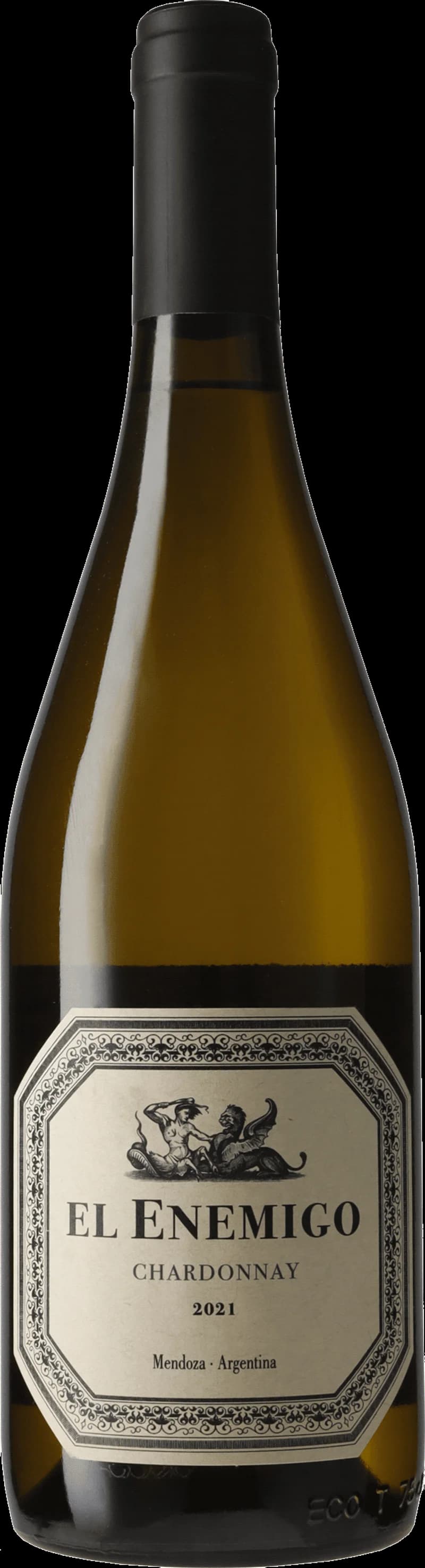 Flaska av El Enemigo vitt vin mot en neutral bakgrund.