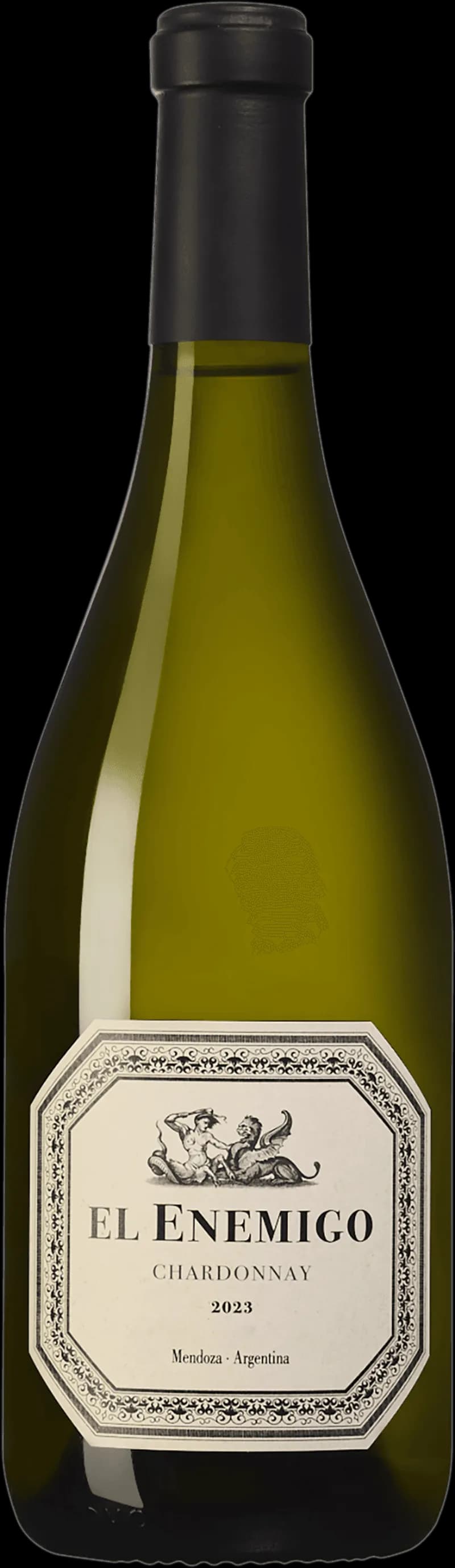 Flaska av El Enemigo vitt vin mot neutral bakgrund.
