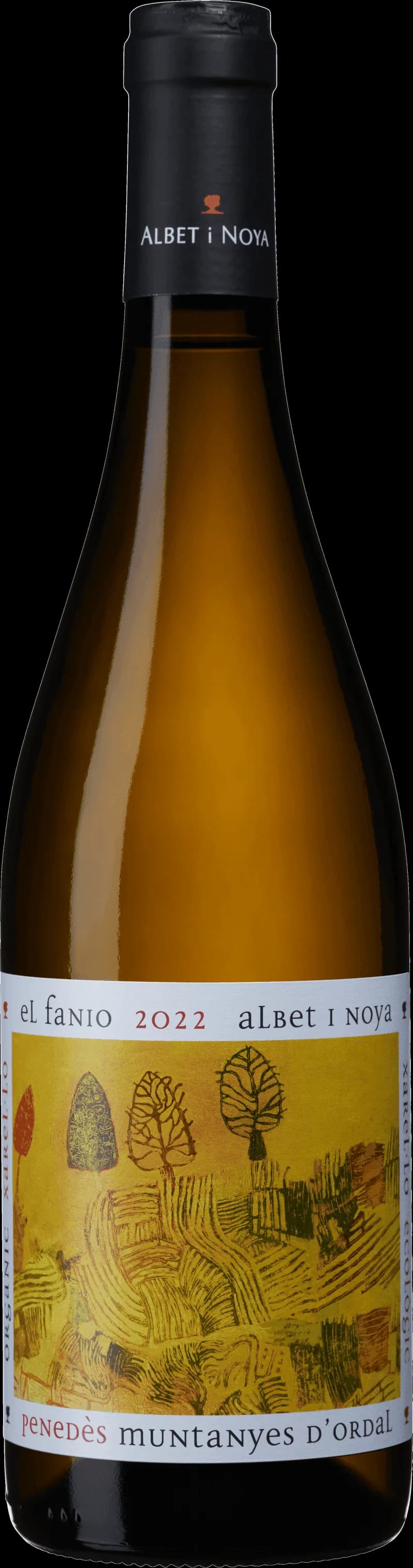 Flaska av El Fanio vitt vin mot ljus bakgrund.