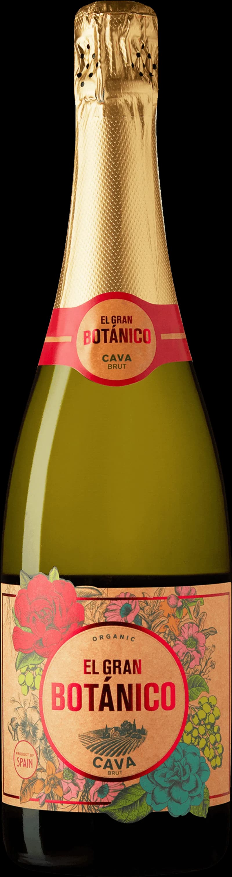 Flaska av El Gran Botánico mousserande vin mot ljus bakgrund.