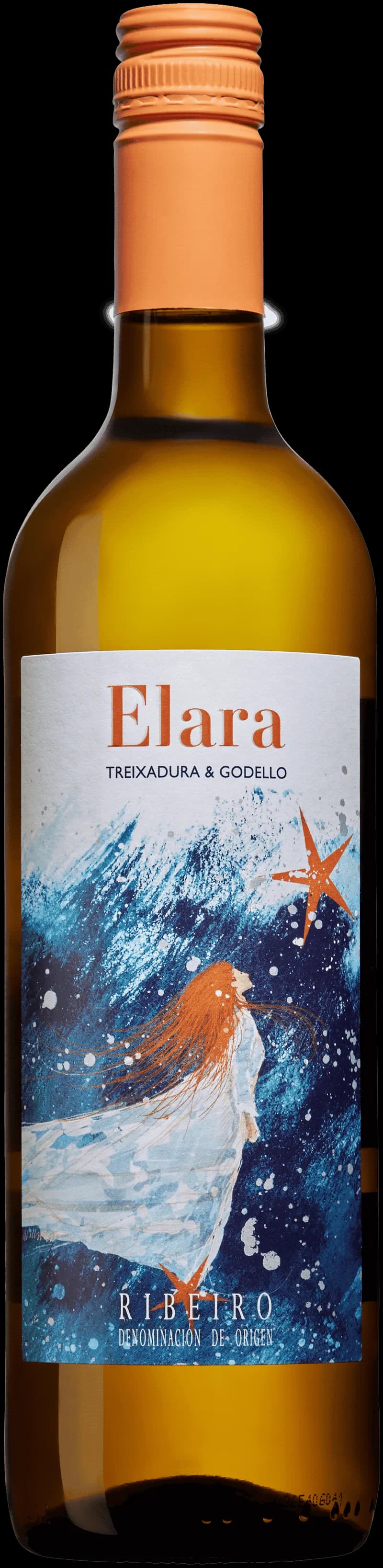 Flaska av Elara vitt vin mot ljus bakgrund