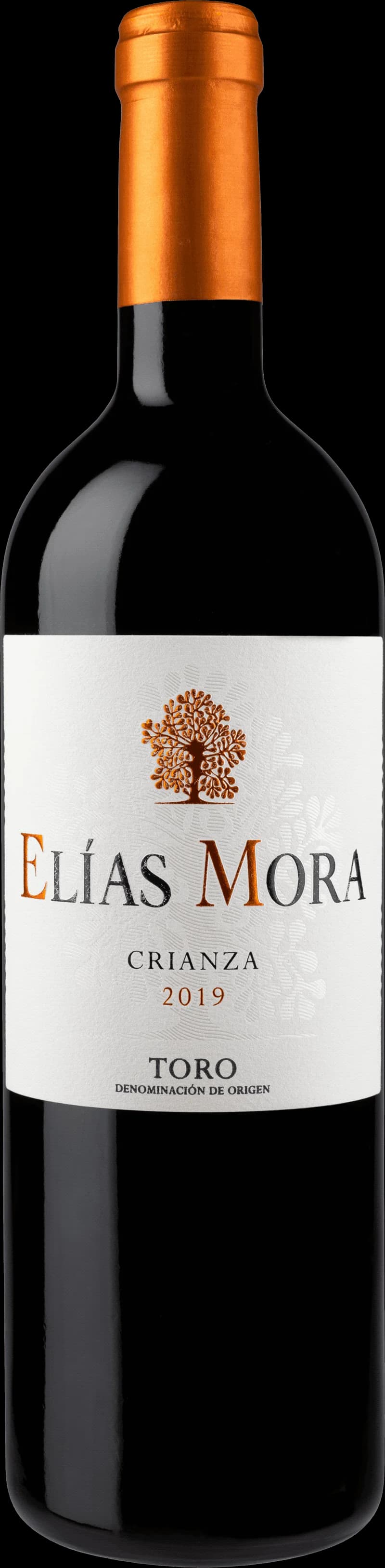 Flaska av rött vin Elias Mora Crianza på vit bakgrund