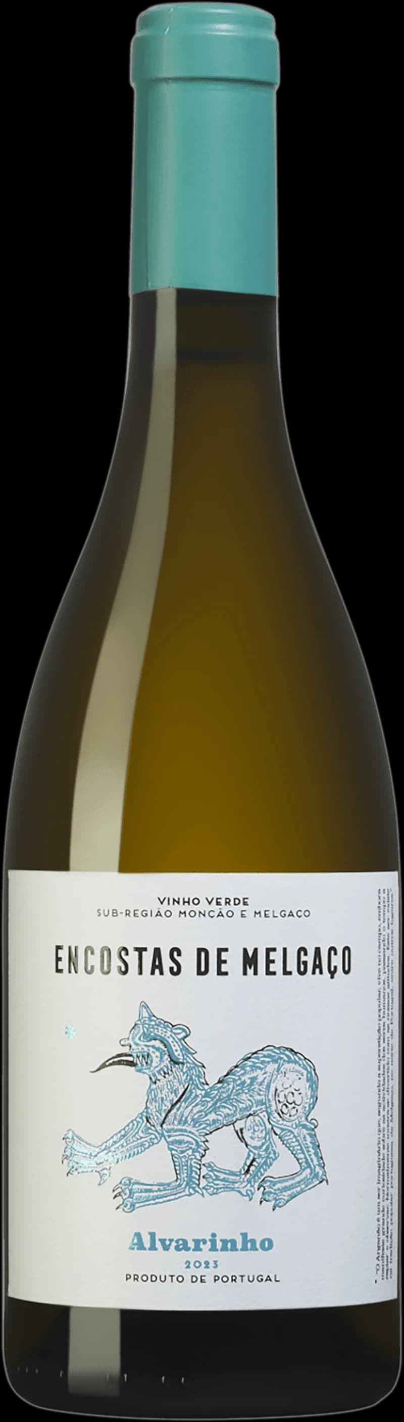 Flaska av vitt vin Encostas de Melgaço på en bordsservering.