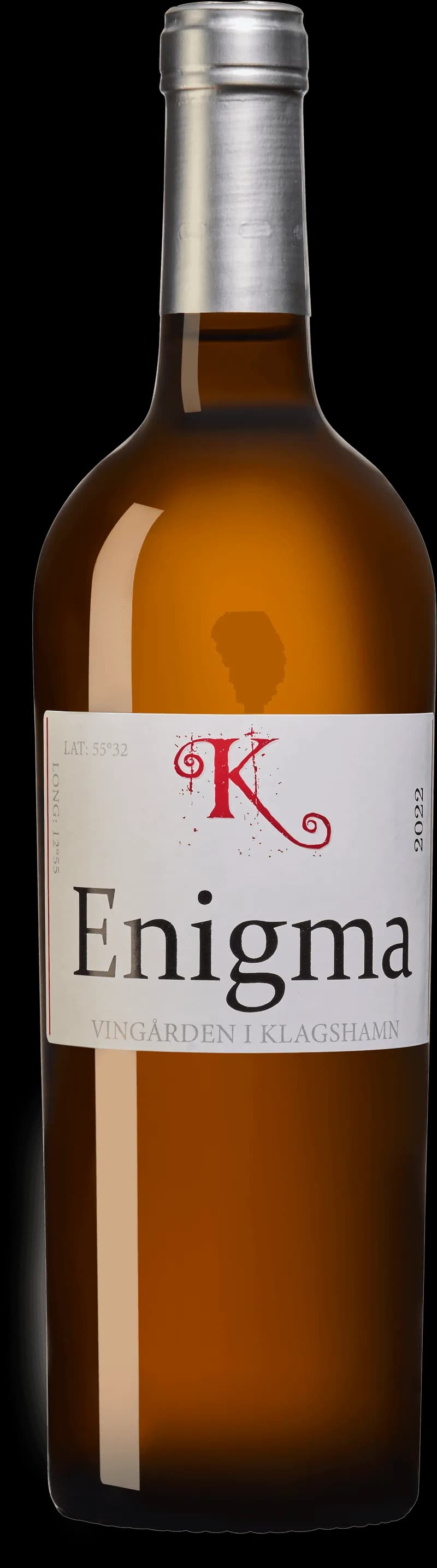 Flaska av Enigma vitt vin mot neutral bakgrund