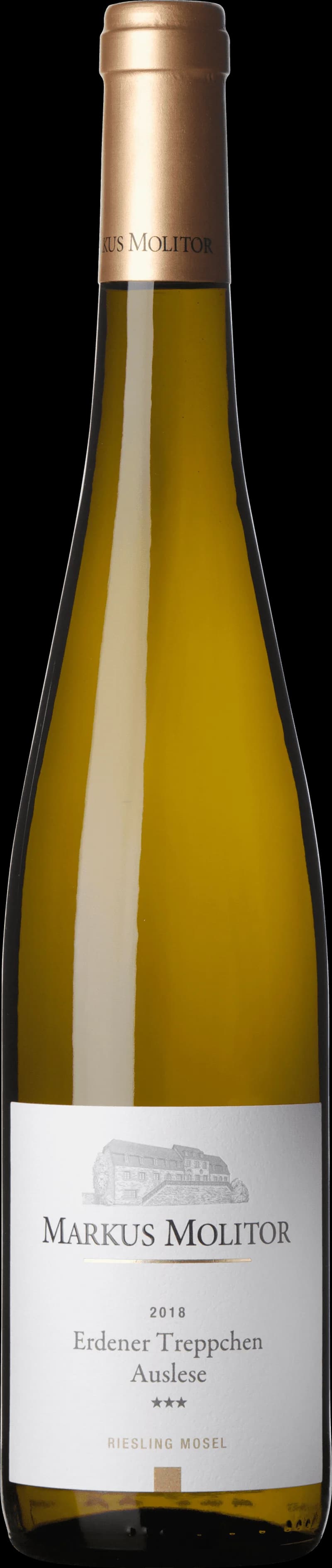 Flaska och glas med vitt vin från Erdener Treppchen, Mosel