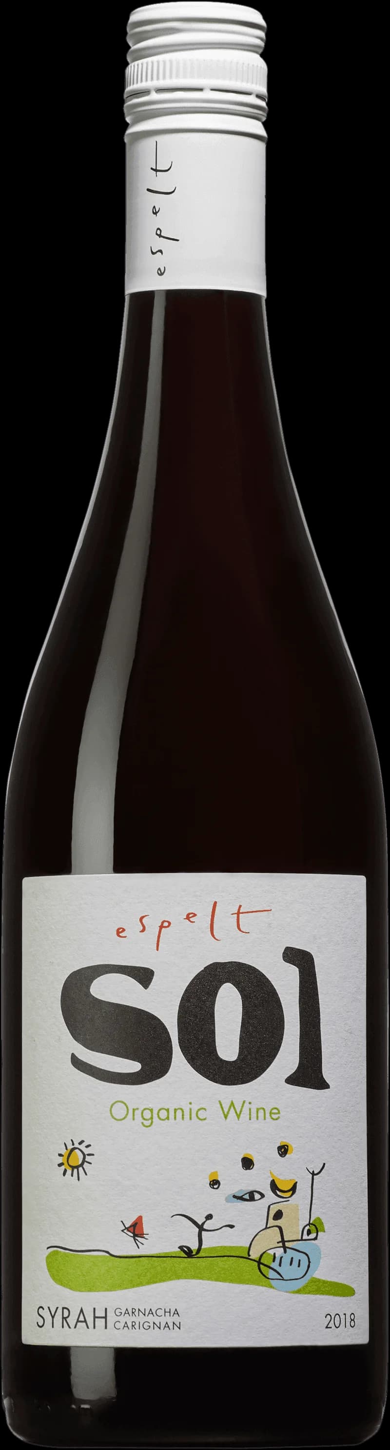 Flaska med rött vin från Espelt på en bordsservering.
