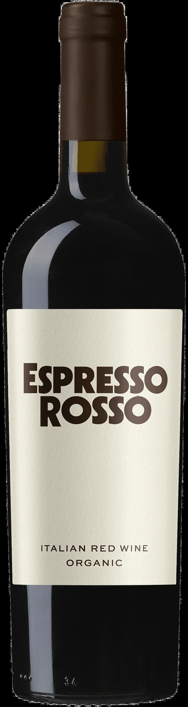 Ett glas rött vin och en kopp espresso på ett bord.