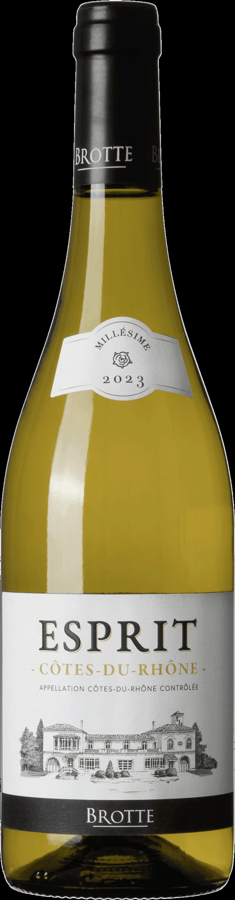 Flaska med Esprit Blanc vitt vin mot ljus bakgrund