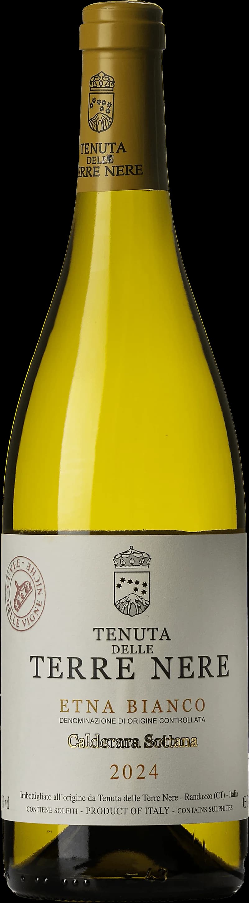 Flaska med Etna Bianco Calderara Sottana vitt vin från Sicilien