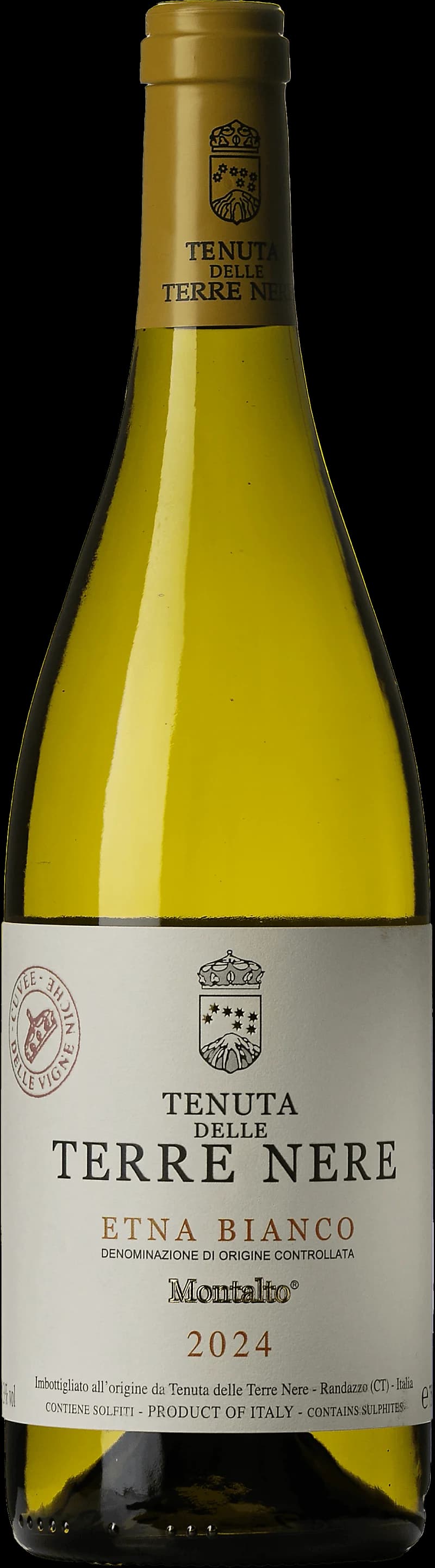 Flaska Etna Bianco Montalto vitt vin mot vulkanisk bakgrund