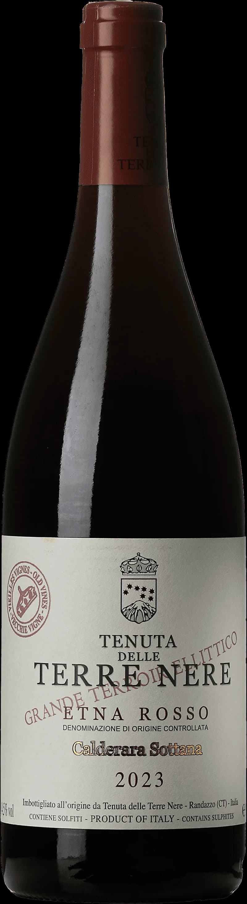 Flaska av Etna Rosso Calderara Sottana rött vin från Sicilien
