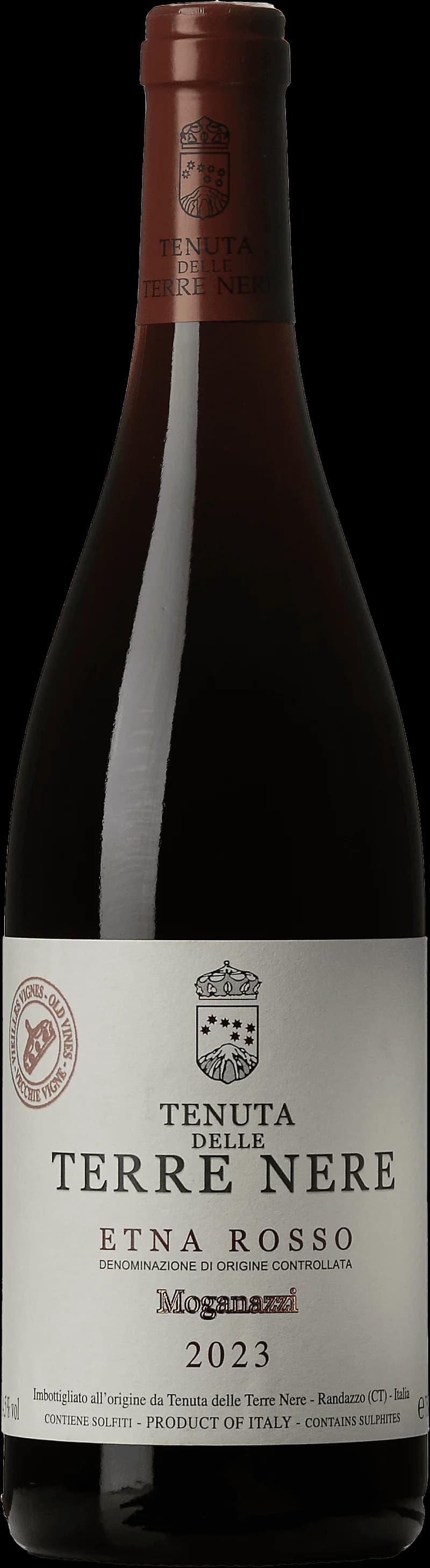 Flaska av rött vin Etna Rosso Moganazzi från Sicilien