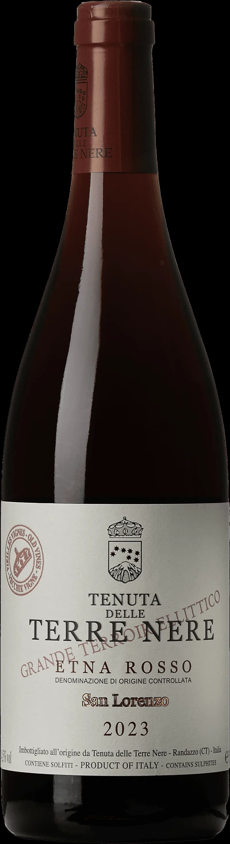 Flaska av rött vin Etna Rosso San Lorenzo från Sicilien