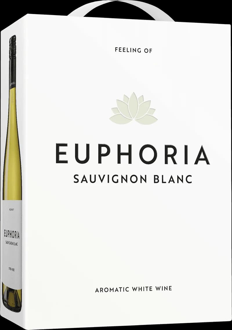Flaska Euphoria vitt vin mot neutral bakgrund