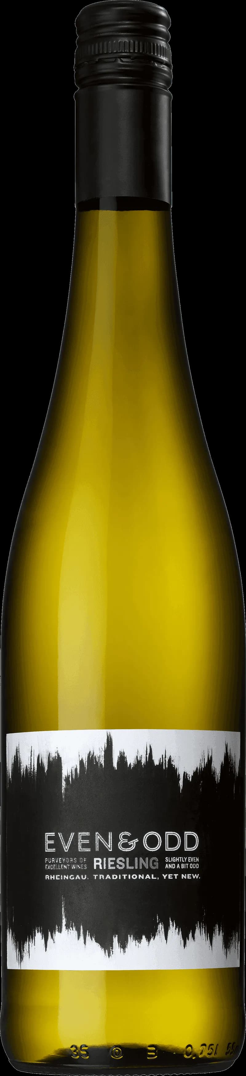 Flaska med Even Odd vitt vin mot neutral bakgrund.
