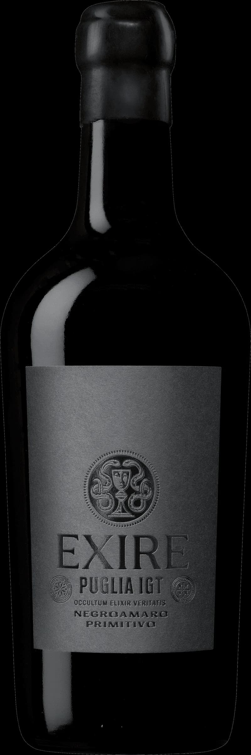 Flaska med Exire rött vin på en vit bakgrund