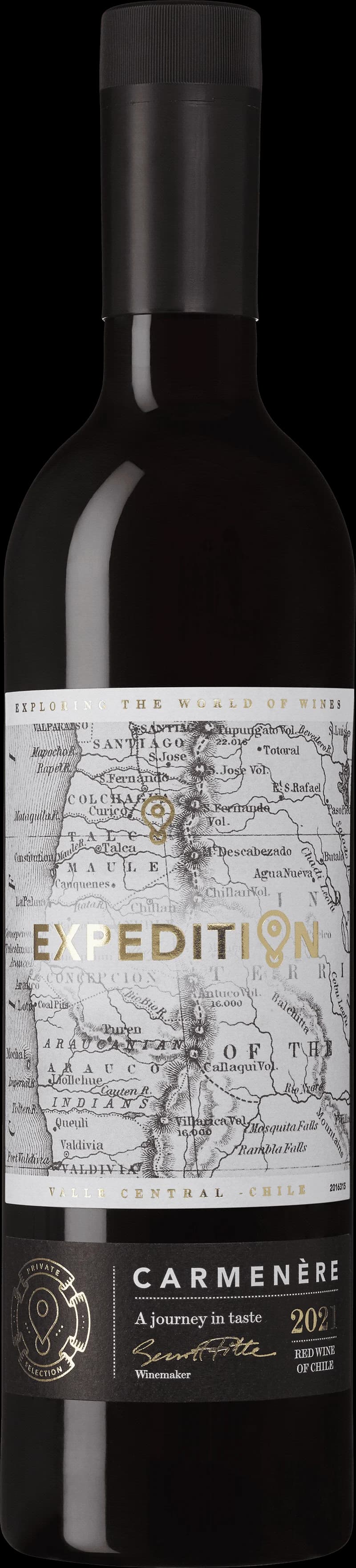 Flaska av Expedition Carmen RE rött vin mot en mörk bakgrund.
