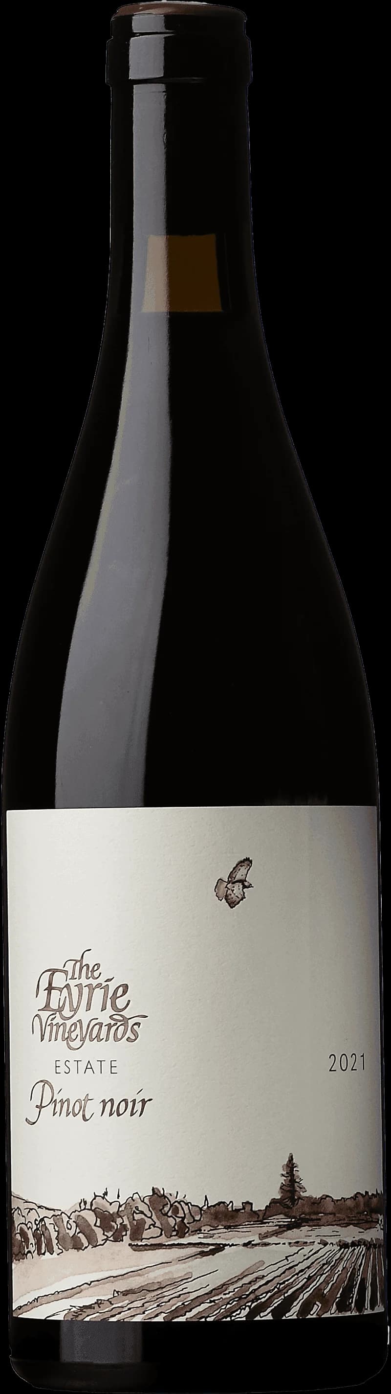 Flaska rött vin från Eyrie Vineyards mot en neutral bakgrund.