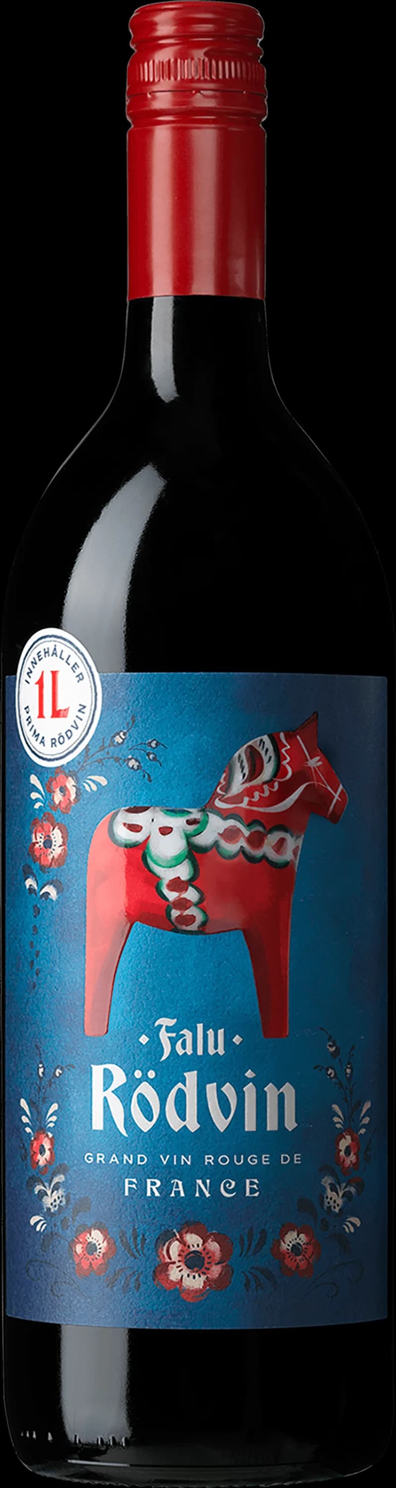 Flaska och glas med rött vin från Falun, serverat vid ett dukat bord.