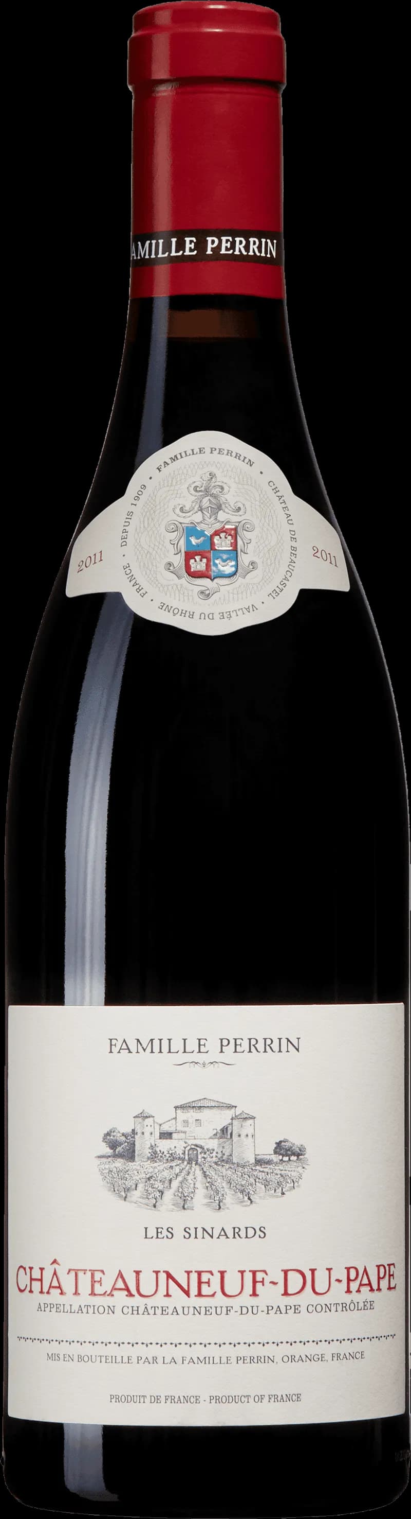 Famille Perrin rött vin från Rhône-dalen, presenterat i en elegant flaska.